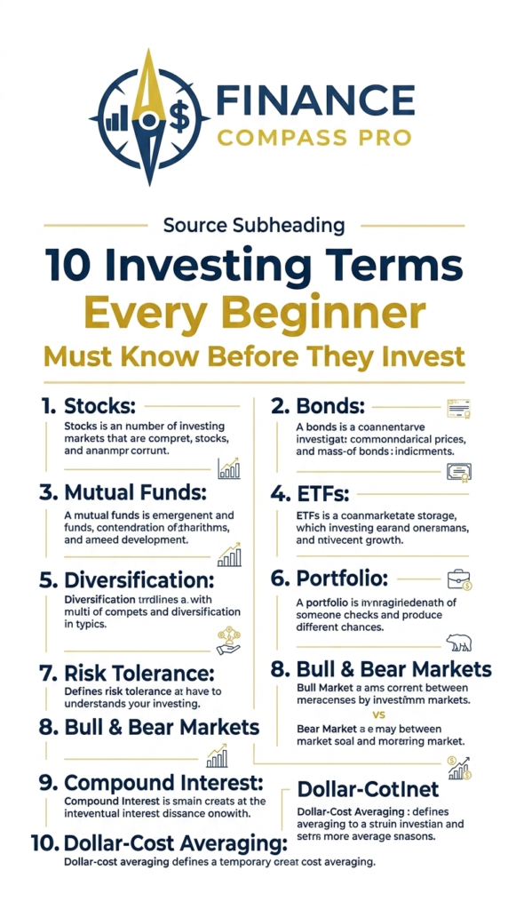 A beginner investing pin introducing 10 essential investing terms explained in plain English.
