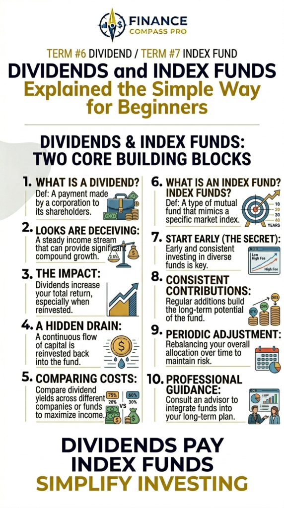 A beginner investing pin explaining dividends and index funds in plain English.
