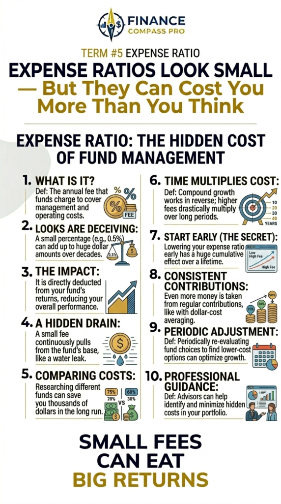 A finance pin showing that expense ratios and fund fees can reduce long-term investment returns.