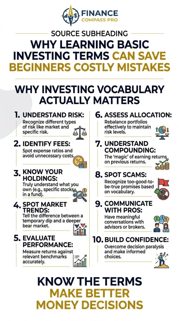 A finance pin explaining why beginners should learn investing vocabulary before building a portfolio.